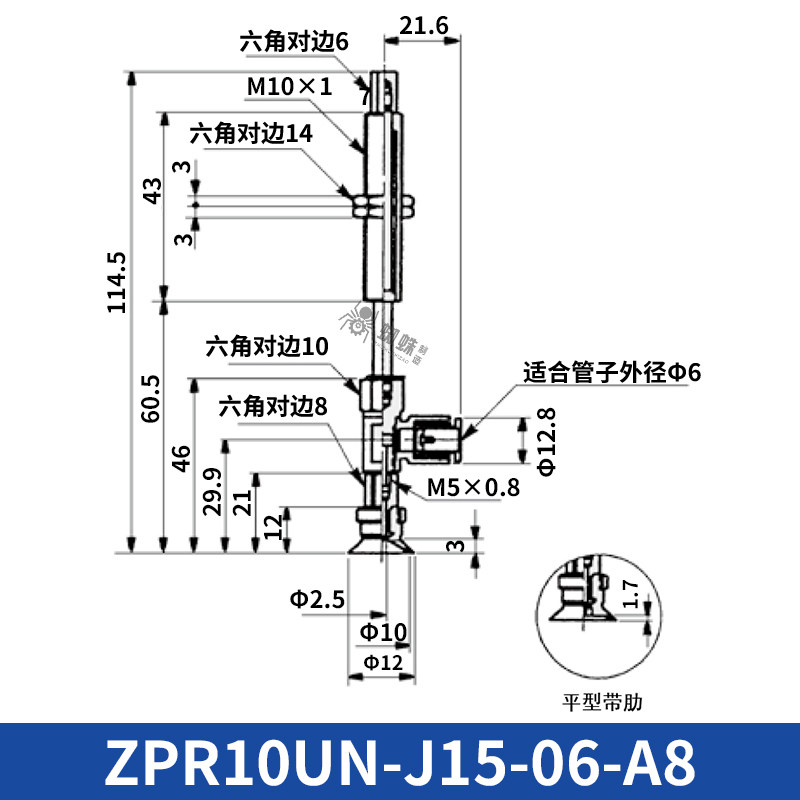 ZPR10UN-J15-06-A8 Single Bellows Suction Cup with Spring Buffer